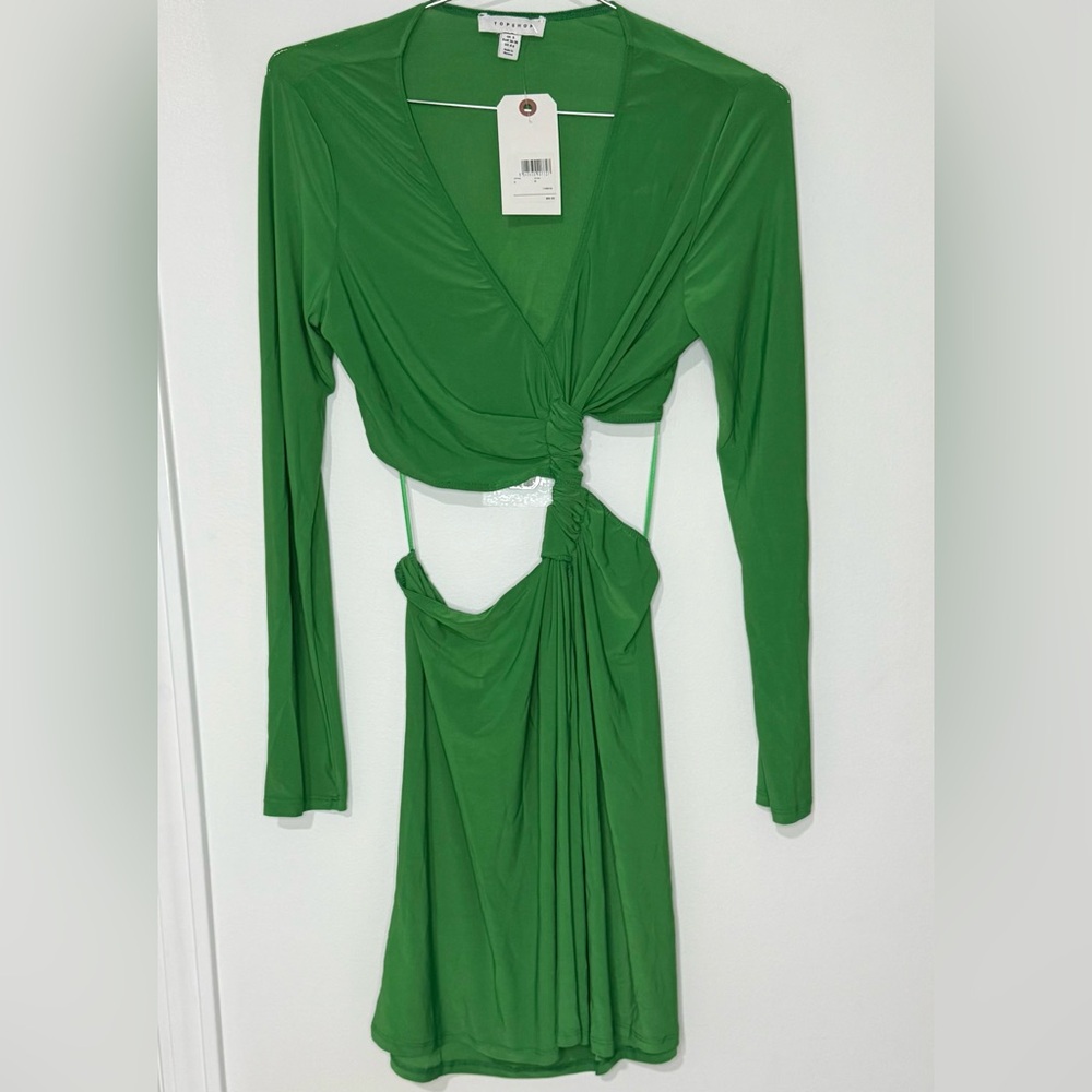 Topshop NWT Green Long Sleeve Twist-Front Cutout Mini Dress - Picture 4 of 8